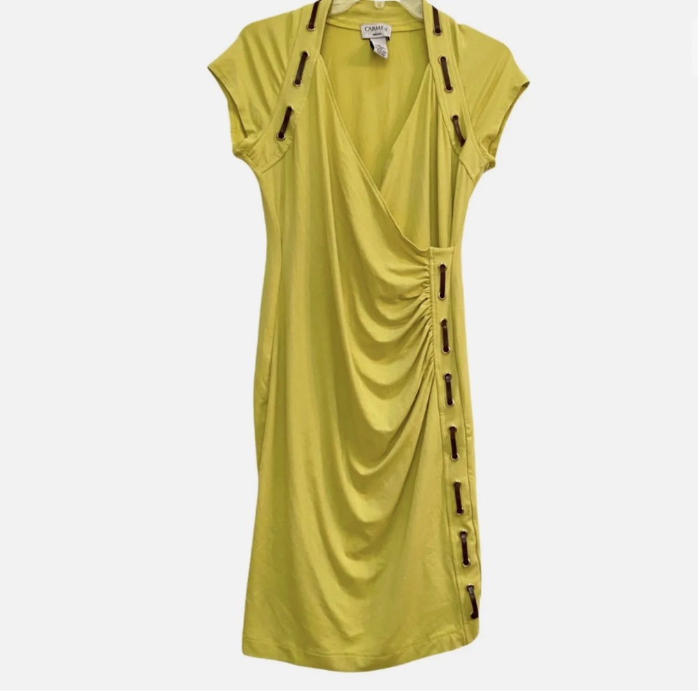 NWT Carmen Marmarc Valvo Faux Wrap V-neck Cap Sleeve Stretch Dress